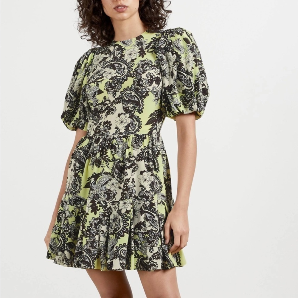 Ted Baker Paisley Mini Puff Sleeve Dress 100% Silk made in England